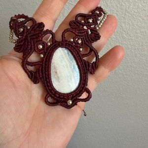 Handcrafted Burgundy and Blue and White Stone Necklace